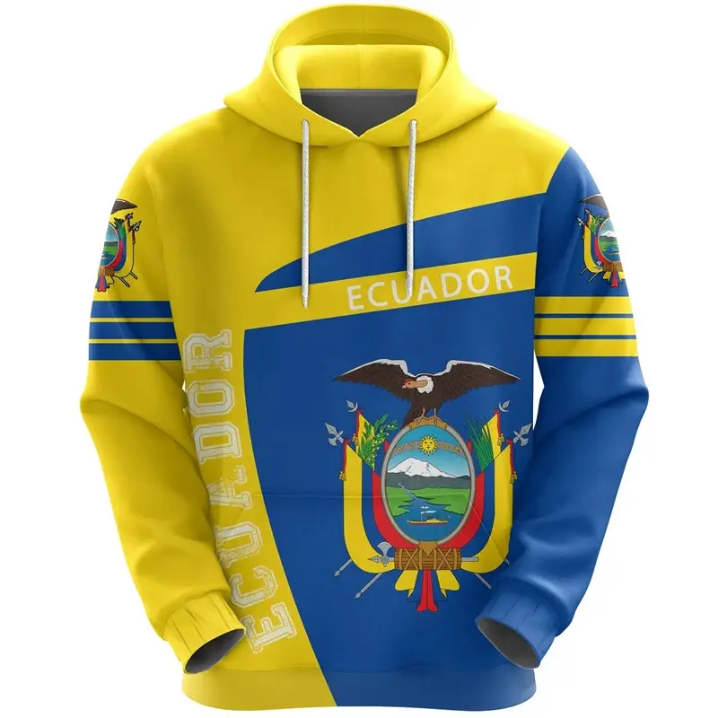 Menswear Ecuador Flag Map Print Hoodie - Polyester Long Sleeve Casual Sport Pullover with Ecuadorian National Emblem for Men