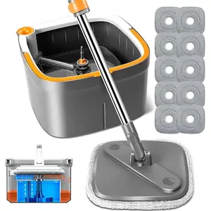 Spin Mop and Bucket Set with 10 Replaceable Microfiber Mop Pads with Self Separation Dirty and Clean Water System, Self Wringing 360? Rotating Square Mop  for Hardwood Tile Marble Floors