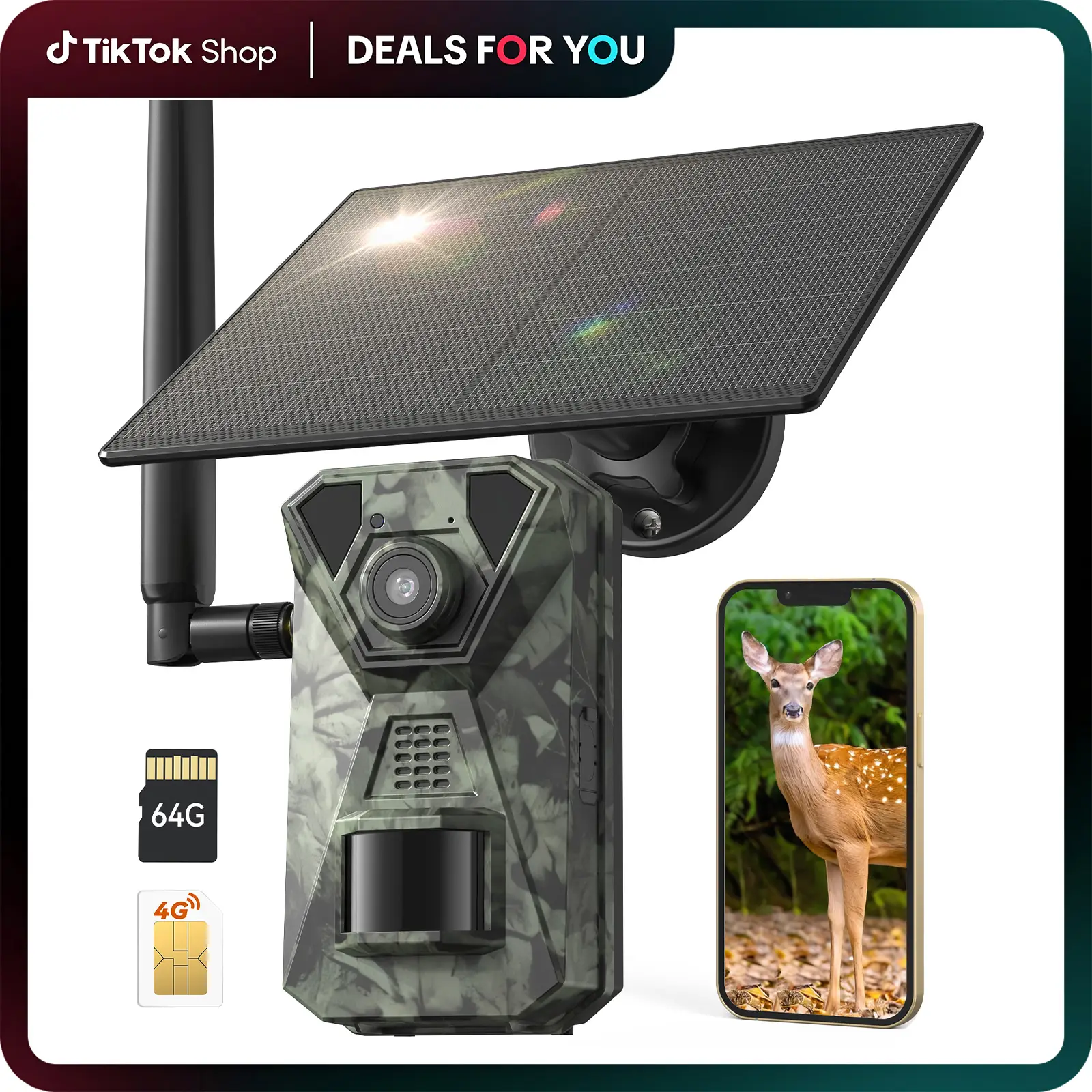 Deatti 4G LTE Cellular Trail Cameras with 64GB SD Card,2.7K HD Solar Game Cameras with Night Vision Motion Activated Waterproof for Wildlife Deer Moni
