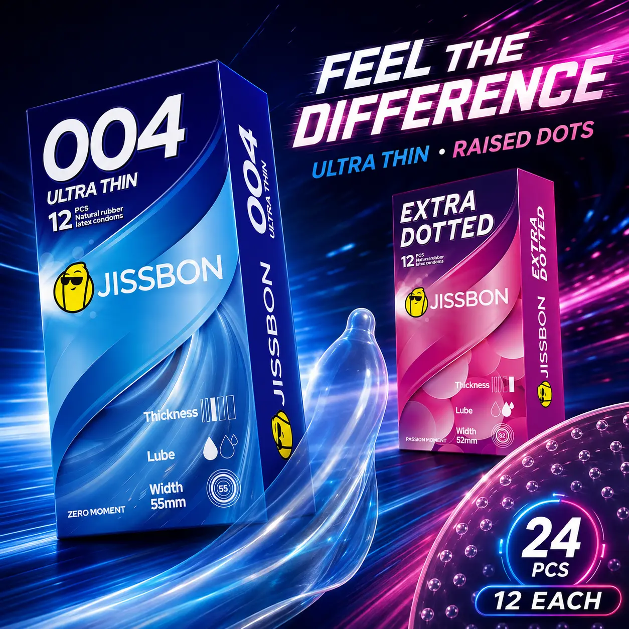 Jissbon Condom Variety Combo | 12pcs Dotted Textured + 12pcs Ultra Thin for Different Sensations