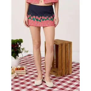 Cider Linen-blend Mid Rise Raspberry & Gingham Skort