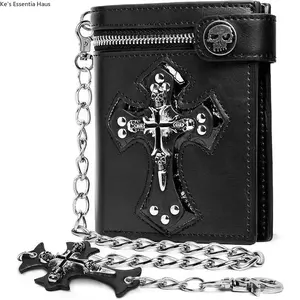 Gothic Punk Skull Cross Chain Wallet Unisex Bifold Black Money Holder For Men Women Compact Design With Metal Chain Secure Closure