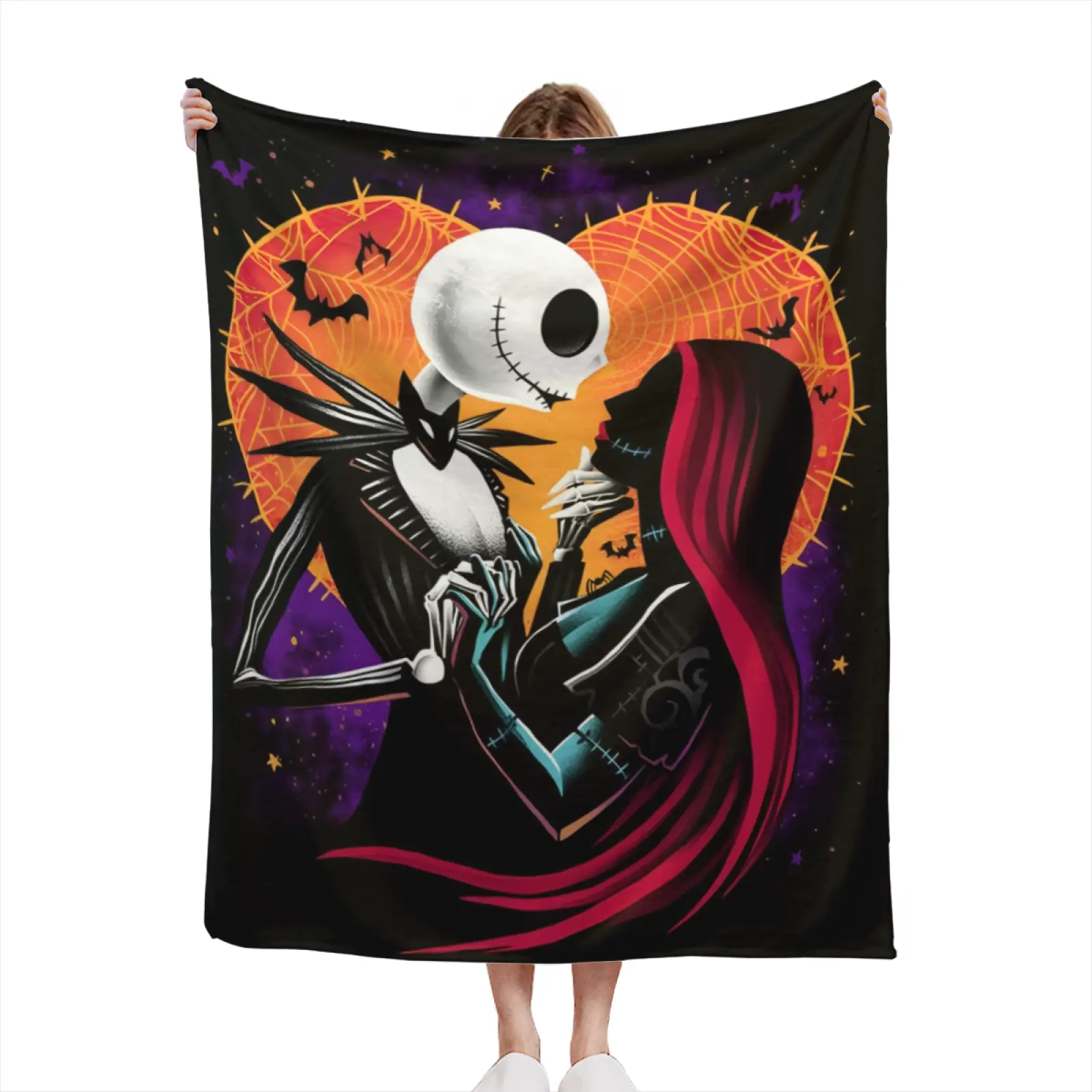 Disney The Nightmare Before Christmas Fleece Throw Blanket, Jack Skellington & Sally Spider Web Heart Print for Couch Bed Halloween Home Decor, Unisex Halloween Birthday Gift for Couples Disney Fans