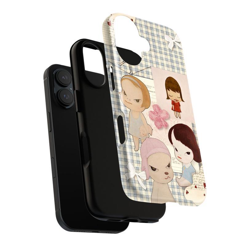 Tough Phone Case: Cute Floral Yoshitomo Nara Japanese Aesthetic Collage Design. Shockproof Heavy Duty Protective Cover for iPhone 11, 12, 13, 14, 15, 16, 17 Pro Max Plus.