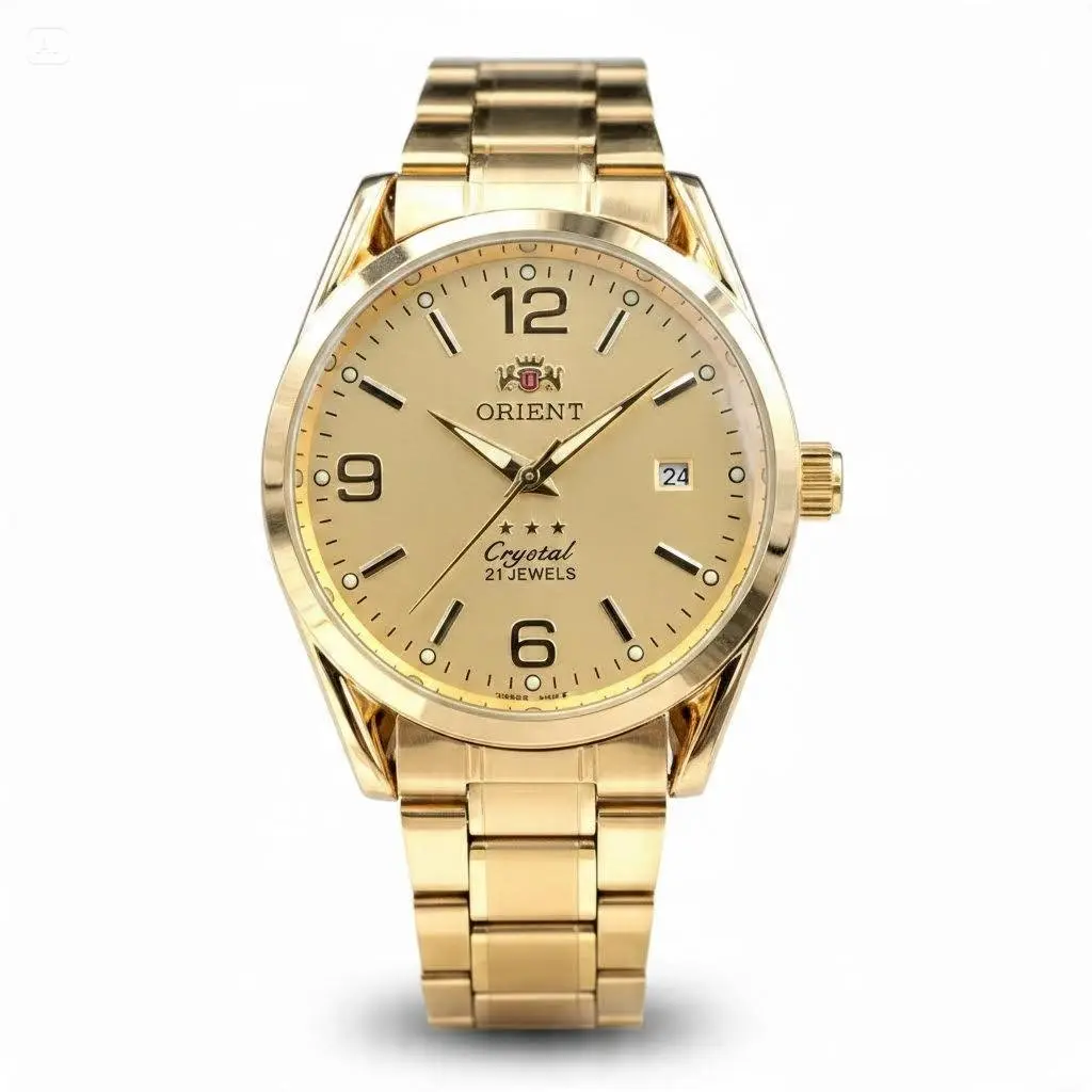 Orient Crystal 3-Star Men’s Analog Mechanical Watch - Large 12-6-9 Numeric Markers, Champagne Dial, Luminous Hands, Single Date Calendar, Full Gold-Tone Steel Bracelet, Polished Gold Case, Premium Everyday Business Wristwatch for Men Birthday Gift