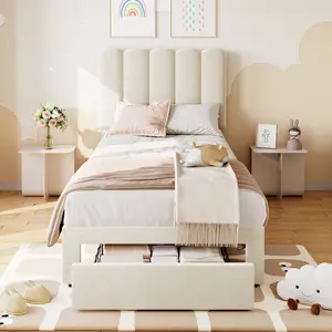 Garvee Twin Bed Frame with Under-Bed Drawer and Upholstered Platform, Featuring Wave Headboard and Wooden Slats; Garvee 83 Inch Corduroy Loveseat Sofa Couch with Wide Armrest, Removable Cushion Cover, Multiple Colors