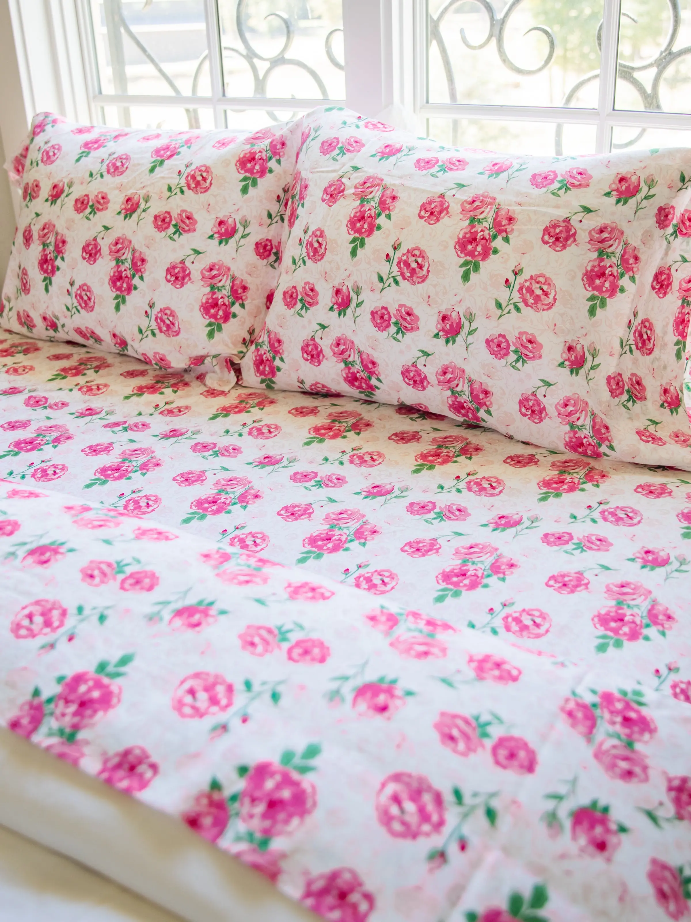 100% Cotton Sateen Weave Floral Bedding Bedsheet Sets - Raspberry Roses Design, Baby Crib and Queen Sizes, 4-Corner Elastic Trim for Snug Secure Fit