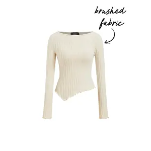 Cider Brushed Fabric Boat Neck Long Sleeve Asymmetrical Hem Lettuce Trim Top