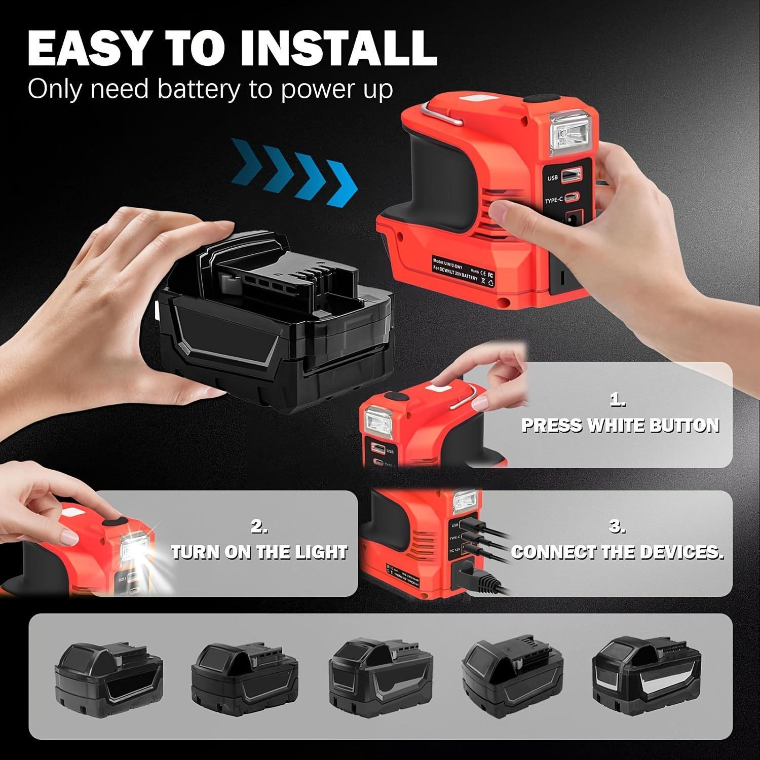 220W Power Inverter For Milwaukee 18V Battery, Portable Power Supply Convert - DC 18V To 110V-120V Battery Powered Outlet With USB-B & USB-C & 12V DC & 220W AC Output With LED Light