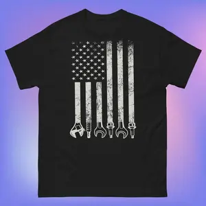100% Cotton Tee Auto Repairman Car Mechanic Wrench Workshop Tools USA Flag unisex Black tshirt for Women Men Men's Patriotic Flag Heart T-Shirt Breathable T-Shirt with Look