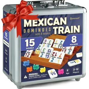 Mexican Train Dominoes Set Double 15 with Numbers and 8 Holders