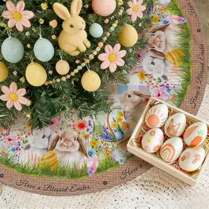 Easter Tree Skirt 36 Inch, Colorful Buffalo Plaid Bunny Tree Skirts, Easter Trees Mat for Home Party Holiday Indoor Outdoor Decorations