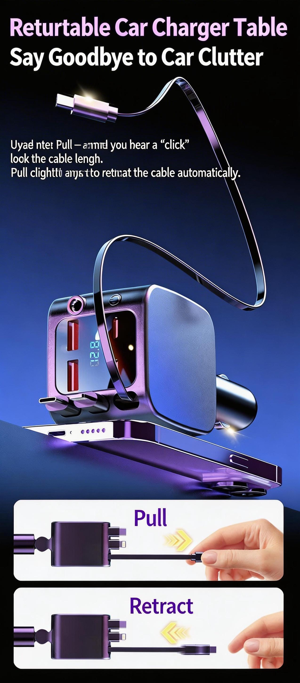 7-in-1 Ultimate Car Charger! Level up yourdrive with 60W Starlight projection, retractablecables for zero mess, and 3.1A fast charging.Real-time voltage monitoring keeps your ridesafe. Must-have car gadget for 2026