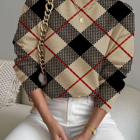 Women's Tartan Print Stand Collar Sweater, Fall & Winter Casual Long Sleeve Knitwear, Comfortable Warm Fitted Top for Daily Wear, Knitted Sweater, Elegant Fashion Knitwear