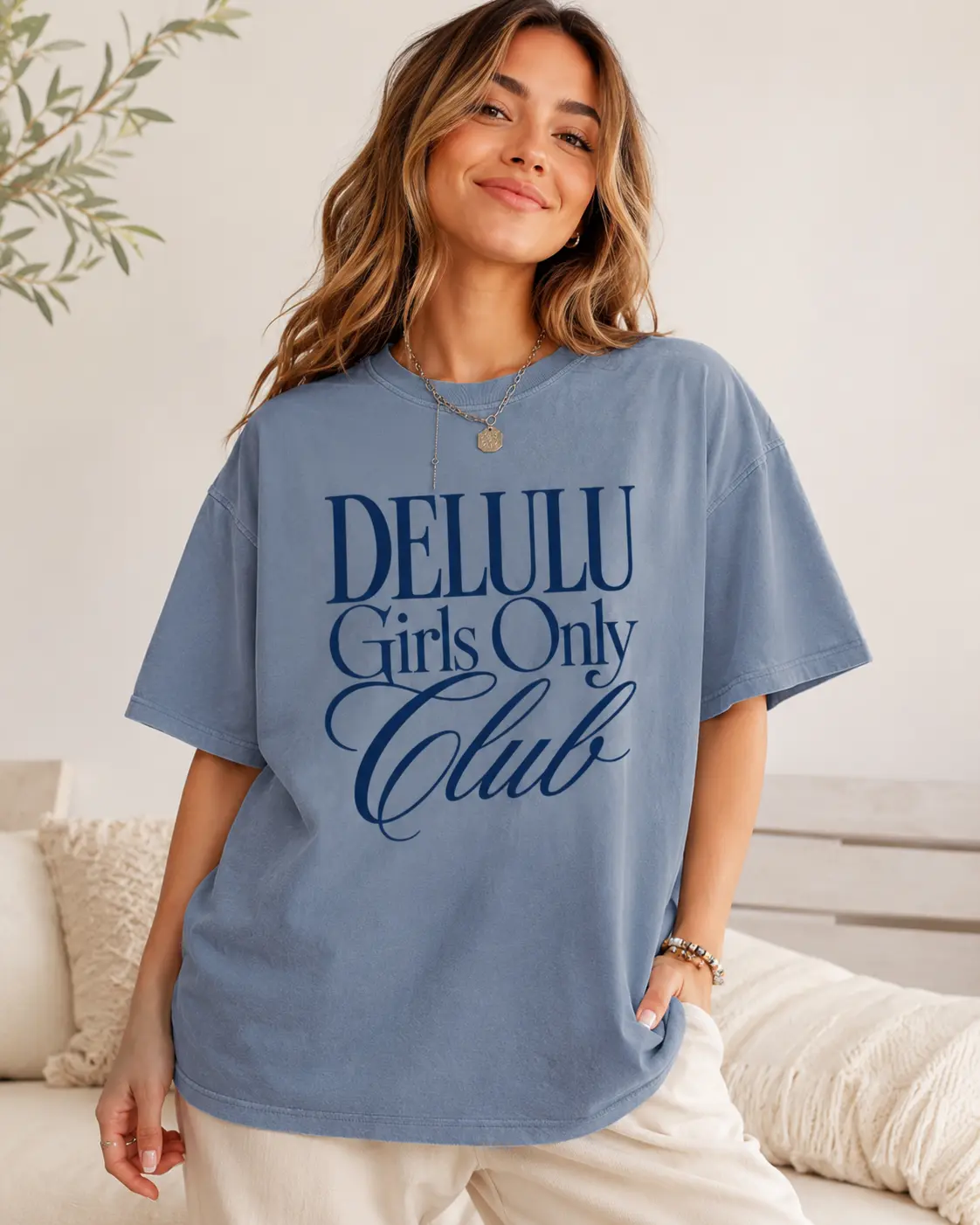 Women's DELULU Girls Only Club Casual Round Neck Short Sleeve Enzyme Washed T-Shirt, Women's Casual Wear Tshirt