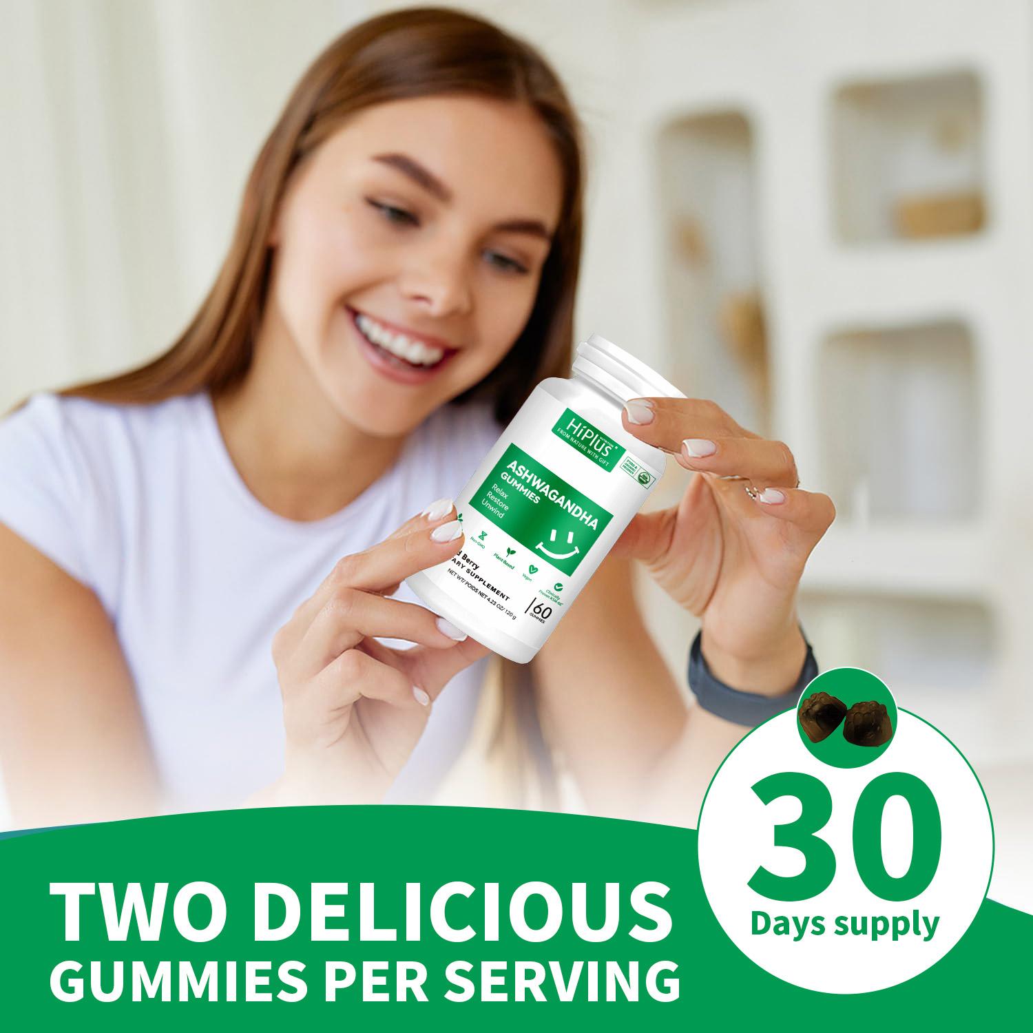 HiPlus Ashwagandha & Vitamin D Gummies | KSM-66, Mixed Berry Flavor, Plant-Based, Vegan, Non-GMO, Gluten-Free & Gelatin-Free | 60 Gummies