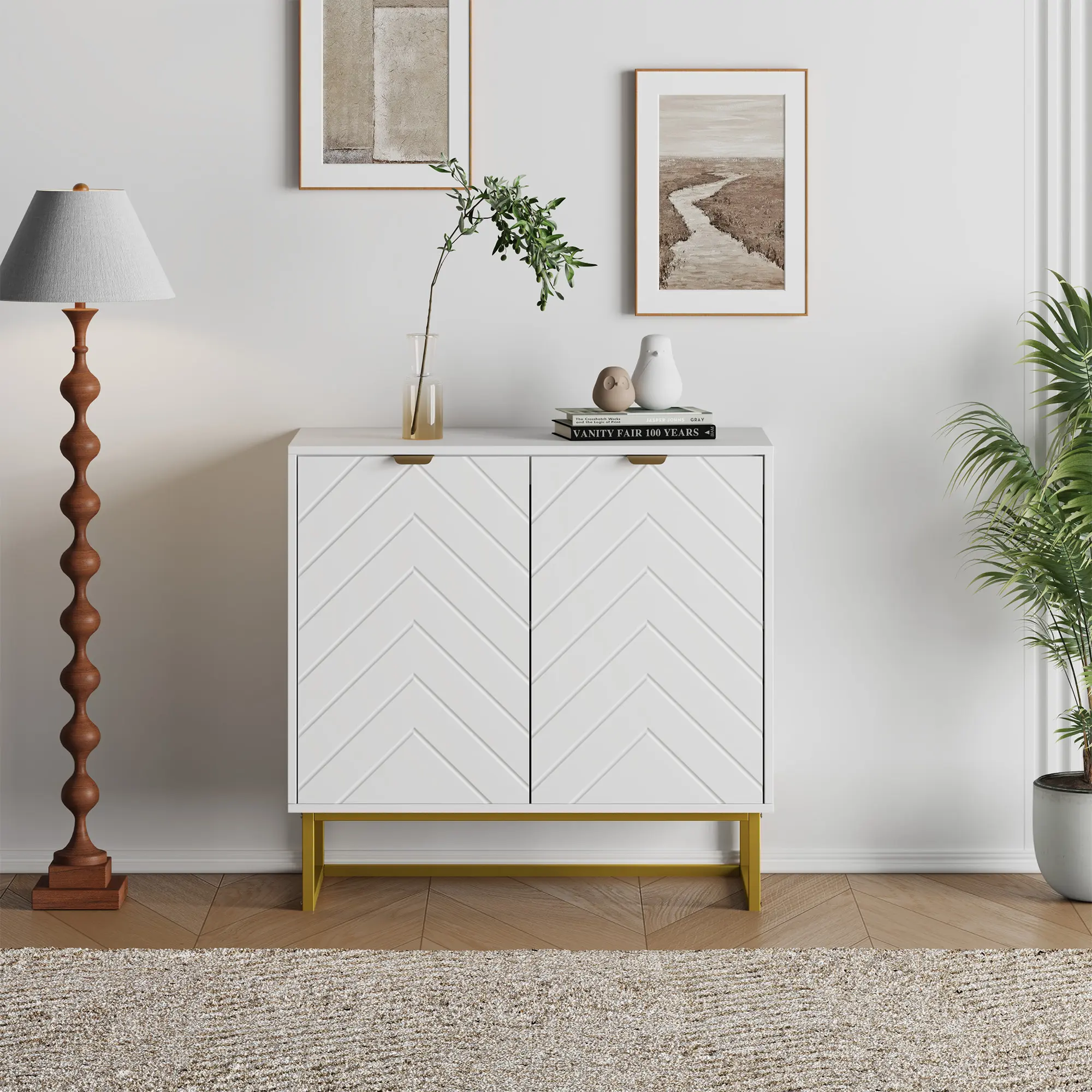 Gaomon Freestanding Storage Cabinet - Elegant Modern Engineered Wood Cupboard Furniture, 2-Door Credenza with Herringbone Design, Metal Legs, Shelf Storage, Quick Setup, White Organizer for Dining/Entryway (Assembly Required), Durable