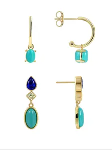 Elegant Turquoise Texture Design Dangle Earrings Set, 4 Counts Exquisite Trendy Artificial Zircon Drop Earrings, Fashionable Copper Jewelry for Women & Girls