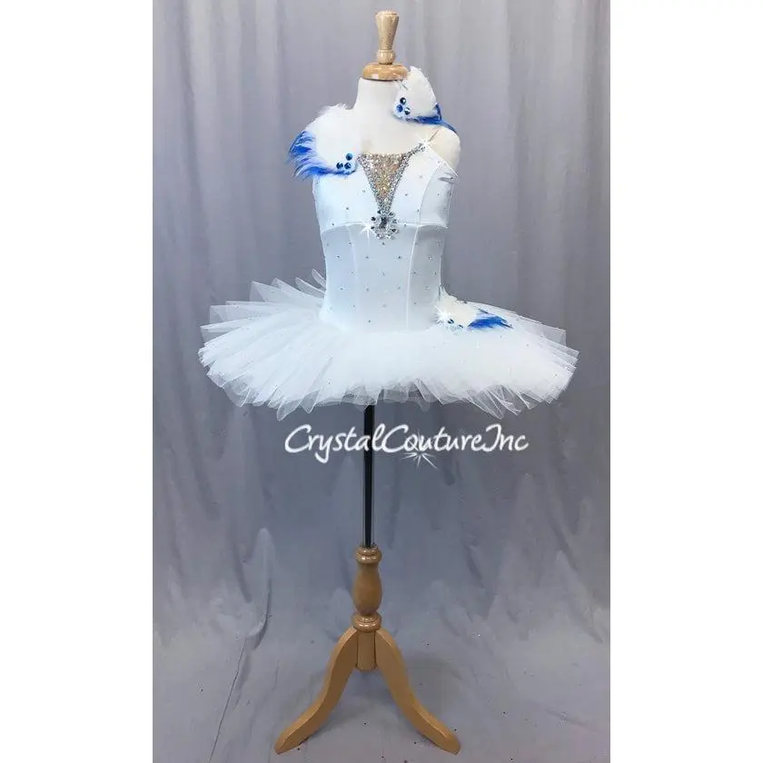 White Soft Tutu w/Attached White Leotard and Blue Feathers - Rhinestones