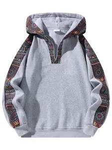 Men's Fleece Half-Zip Sweatshirt, Unisex Patchwork Ethnic Style Casual Sportswear, Ideal for Daily Wear and Street Fashion