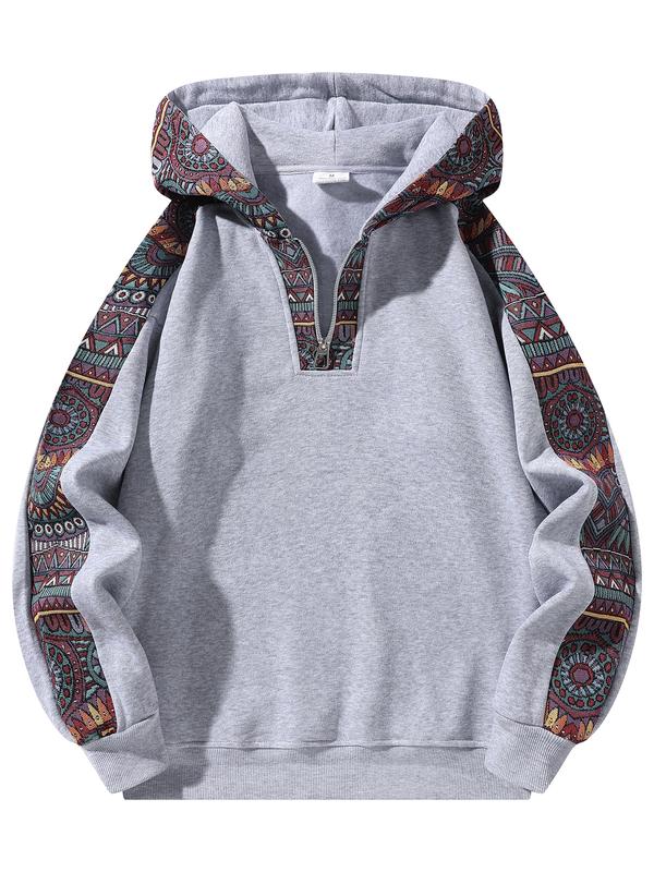 Unisex Retro Ethnic Patchwork Half Zip Hoodie, Casual Comfy Regular Fit Long Sleeve Pullover for Fall & Winter Daily Wear