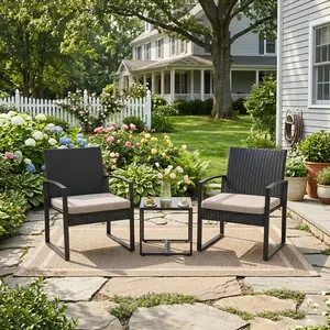 3-Piece Wicker Outdoor Patio Furniture Set with Rocking Chairs, Side Table and Cushions, Porch Decor Chair for Balcony, Black,summervibes