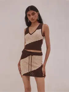 Women's Colorful Crochet Knit Set, V Neck Sleeveless Top with High Waist Drawstring Skirt, Stylish Beach Cover-Up for Summer
