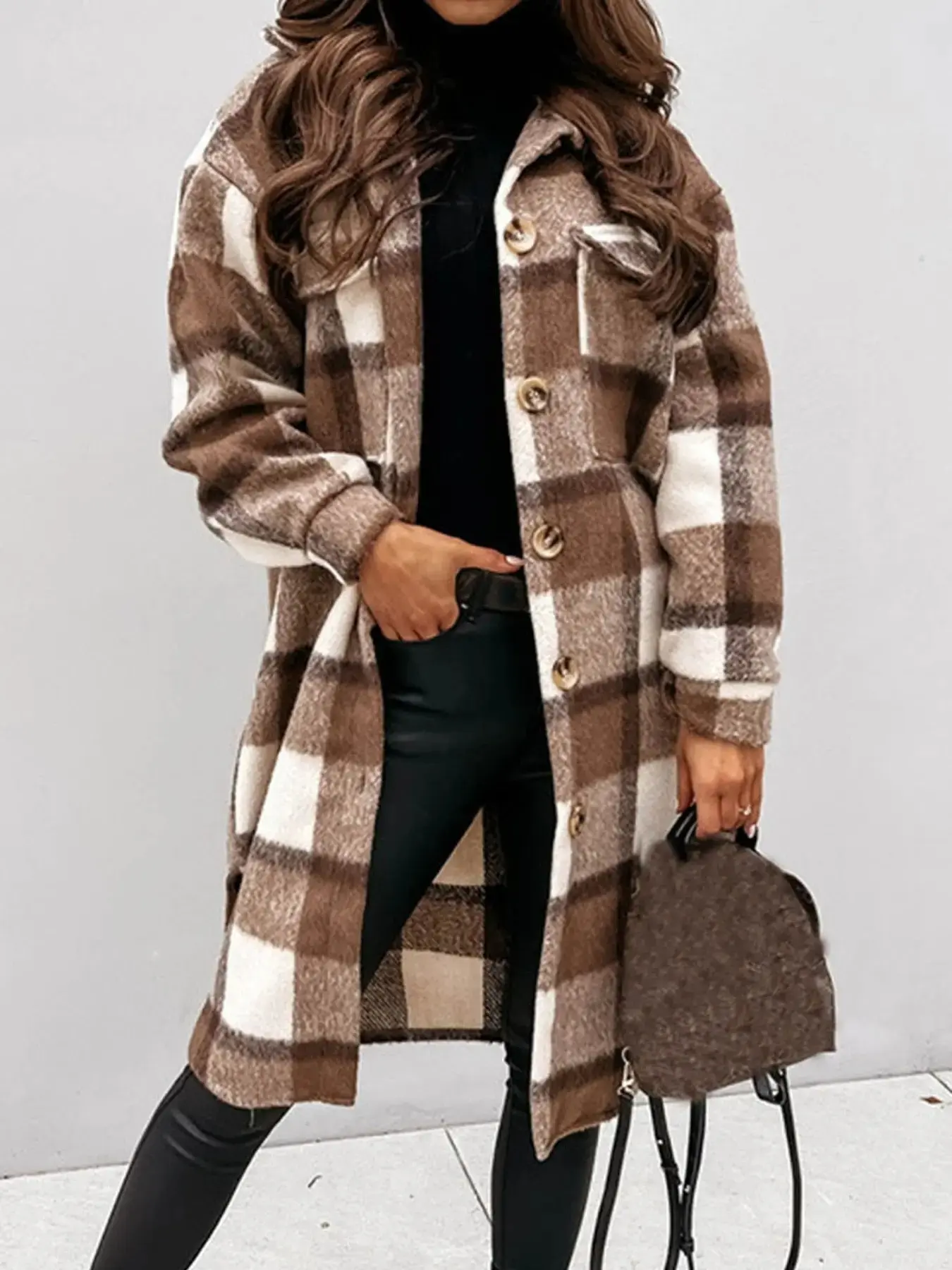 Women's Plaid Long Jacket Casual Soft Fitted Winter Coat, Colorblock Lapel Button Design, Comfortable Fall & Winter Fashion Button Front Outerwear, Collared Jacket
