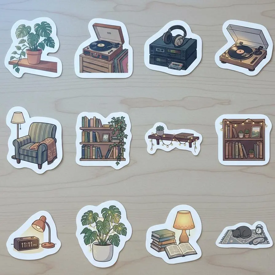 12 Pack Vinyl Sticker Set, Lo-Fi Urban Sanctuary Lifestyle, Cozy Anime Aesthetic, Record Player, Monstera Plant, Reading Books, Cozy Chair
