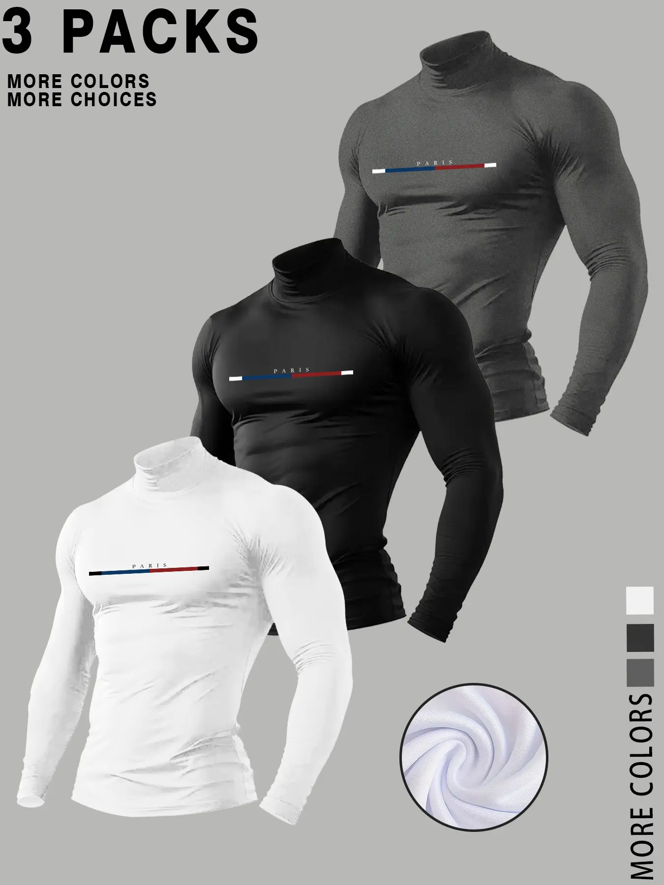 Men's High-Neck Compression Shirts 3-Pack, Paris-Inspired Design, Long-Sleeve, Slim Fit, Moisture-Wicking Fabric, Compression Workout Shirts, Gym, Running, Casual Wear