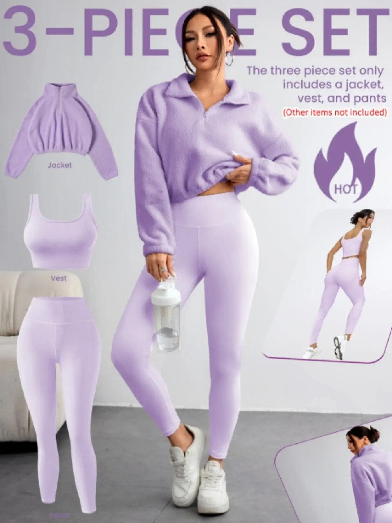 Women's Solid Zip Up Crop Pullover & Tank Top & Legging Three-piece Set, Exercise Clothing Set, Gym Workout Sets, Sporty Outfits for Yoga Gym Workout Running, athletic clothing set, Women's Sportswear for Fall & Winter