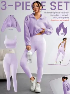 Women's Solid Zip Up Crop Pullover & Tank Top & Legging Three-piece Set, Casual Sporty Outfits for Yoga Gym Workout Running, Yoga Clothes Set, Women's Sportswear for Fall & Winter