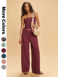 Women's Striped Print Crop Tube Top & Wide Leg Pants Set, Street Fashion Casual Two-piece Set for Daily Wear, Women's Summer Clothes, Cute Summer Outfit Athletic Leisure Set