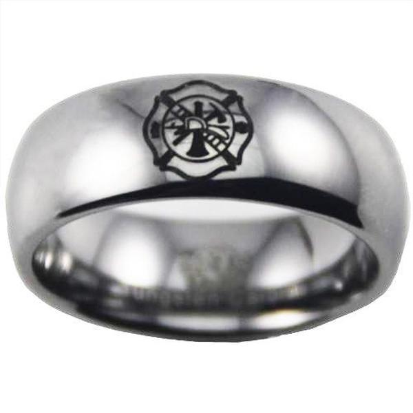 Silver Tungsten Firefighter's Black Logo Ring