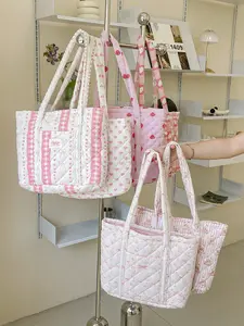 Sweet Bow Pattern Quilted Large Capacity Women's Handbag Pastel Tote Bag Fits Computer Notebooks Books Ideal for Vacation Shopping Beach Casual Commuter Bag