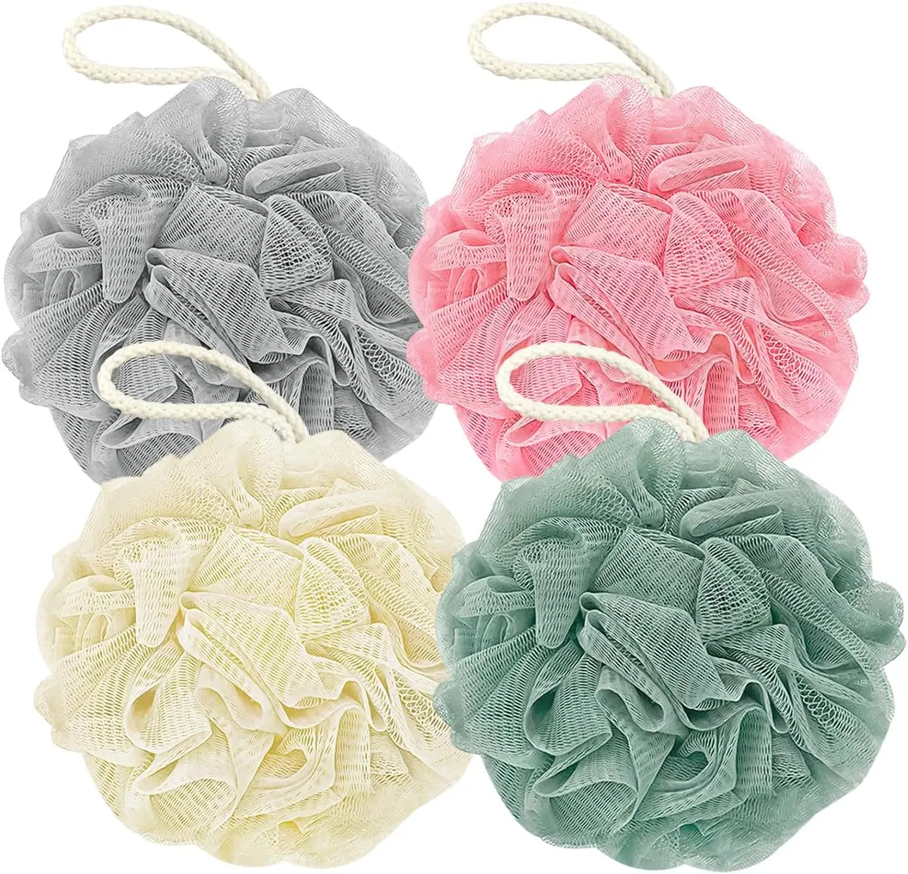Mesh Shower Loofah Bath Sponges & Poufs - 60G Round Exfoliating Personal Bathing Accessories, 4-Color Mini Body Scrubber Pouf Balls for Body Wash (Pink, Green, White, Gray), Mesh Sponge Loofahs, Sponges, & Poufs