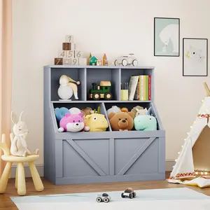 Kids Toy Storage Organizer and Bookshelf, 6-Cubby Shelves with Storage Boxes, Durable Safe Floor-Mount Rectangular Gray Indoor Furniture Shelf, Six Cubby Shelves