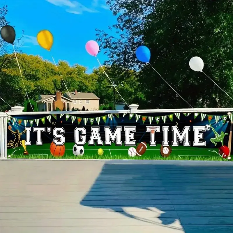 Sports Theme Birthday Banner, Field with Basketball, Soccer, Baseball Icons, Indoor/outdoor Party Decor, Durable Polyester
