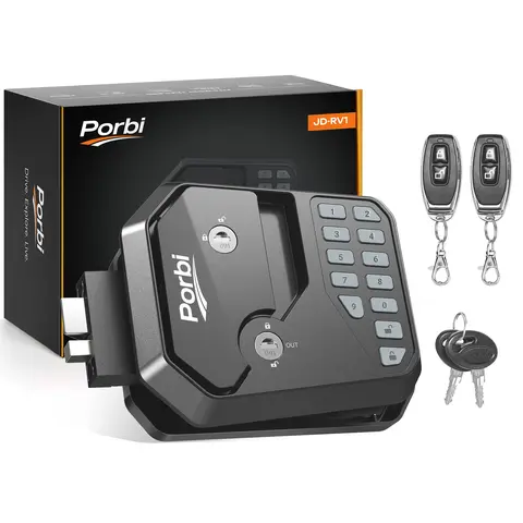 Porbi RV-Ready Lock Replacement Door Hardware for RV Owners - Code-Enabled, 12-Digit Keypad, Dual-Control Remote, Backup Keys, Waterproof, Travel Security Smart Lock JD-RV1