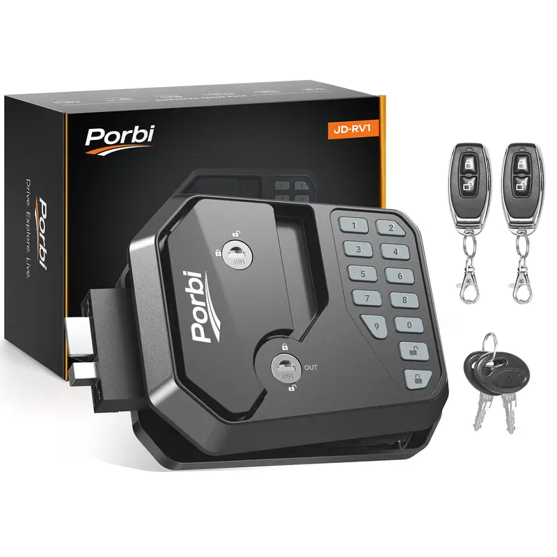 Porbi RV-Ready Lock Replacement Door Hardware for RV Owners - Code-Enabled, 12-Digit Keypad, Dual-Control Remote, Backup Keys, Waterproof, Travel Security Smart Lock JD-RV1