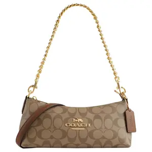 Coach Charlotte 25 Leather Bag for Women – Classic Monogram Chain Zip Top Handle Bag in Brown
