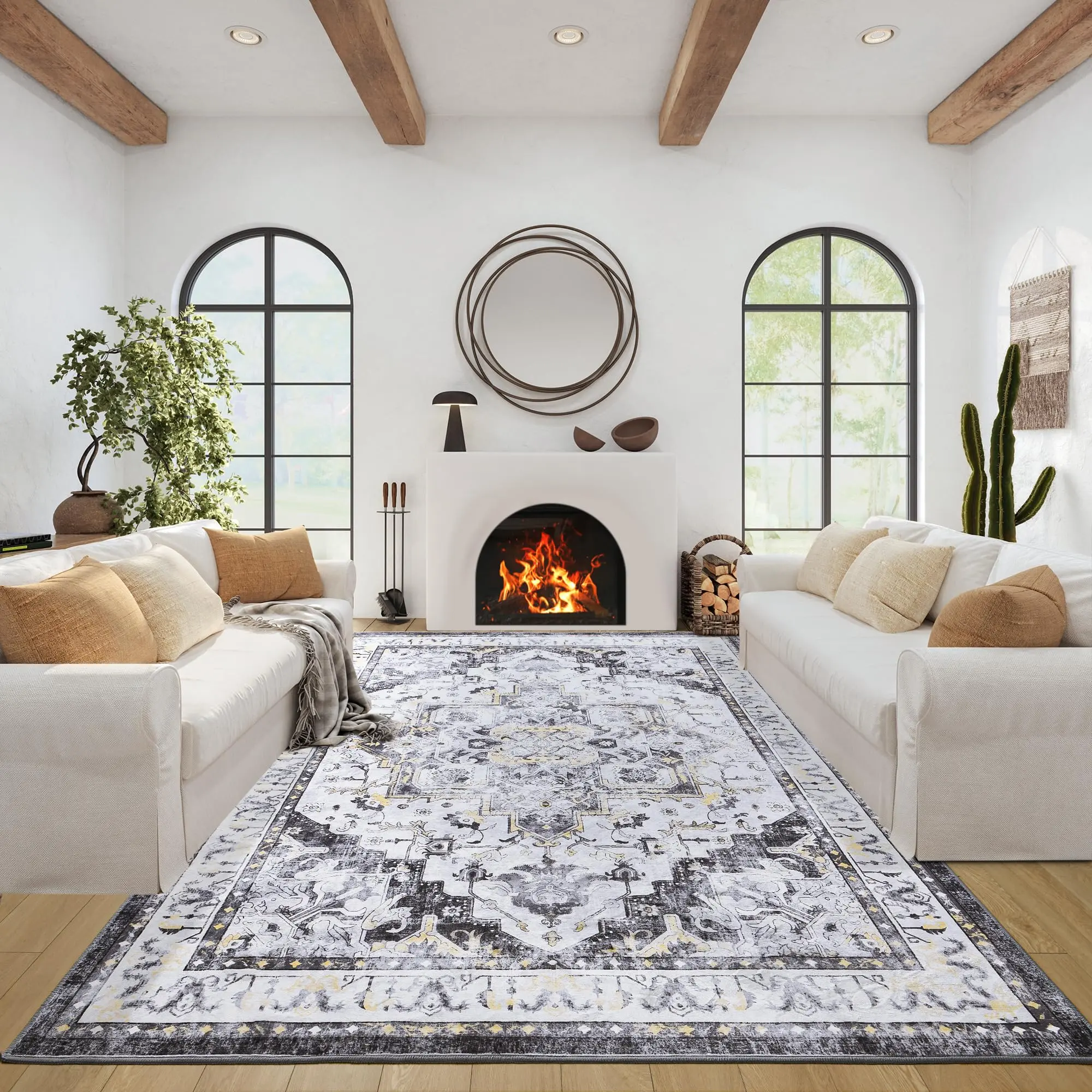 6x9 Feet Machine Washable Vintage Area Rug for Living Room,Bedroom,Low Pile Rug,Non-Slip Backing, Non-Shedding Rug,Indoor Retro Carpet for Kitchen,Dining Room,Home Décor,Green, Cyan, Beige, Grey, Blue,5x7,6x9 Feet