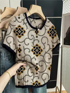 Women's Boho Ethnic Print Round Neck Drop Shoulder Knit Sweater, Casual Short Sleeve Knitwear for Spring Summer Fall, Comfortable Warm Daily Wear, Casual Pullover Top