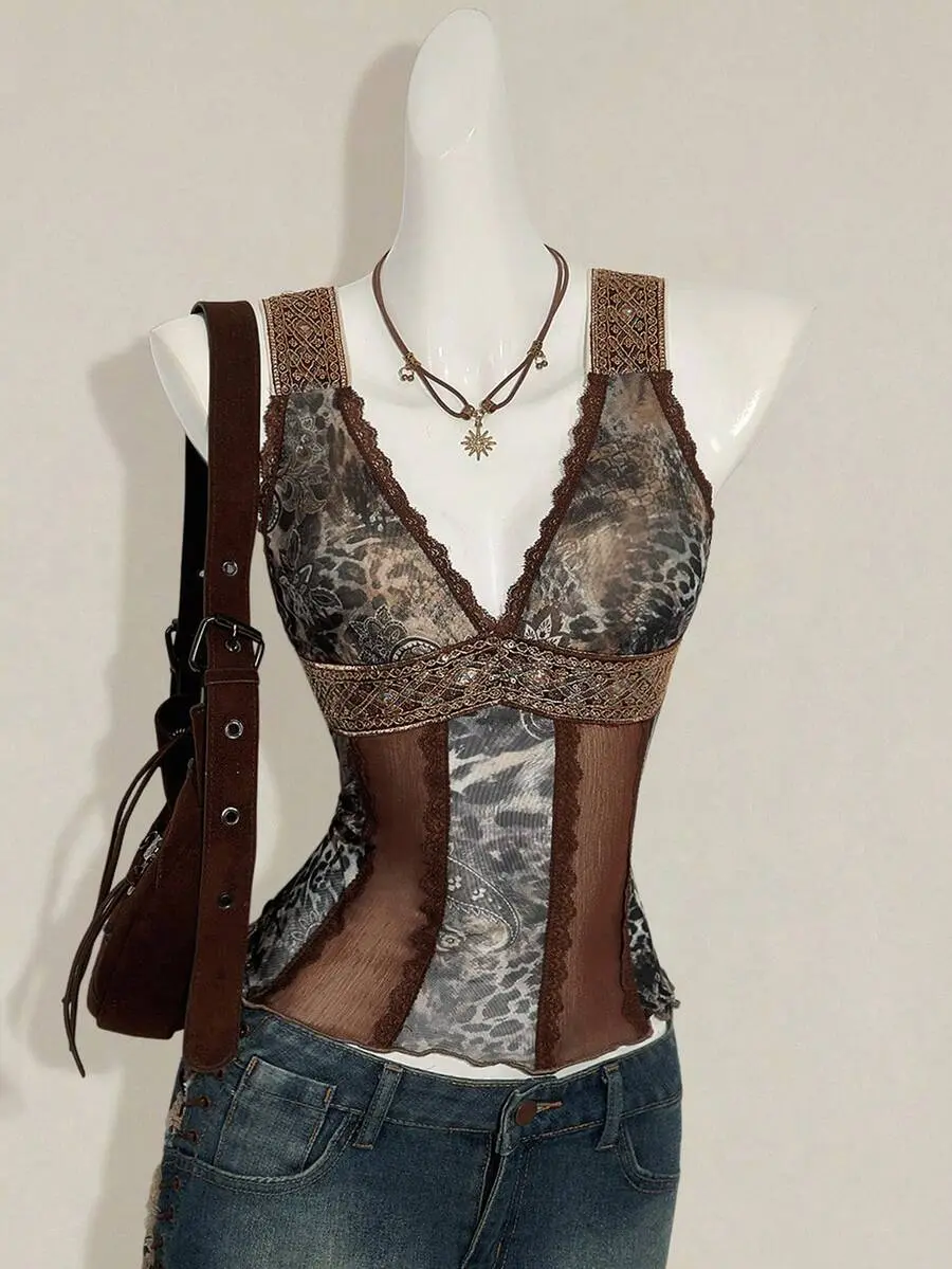 TNK x  Women's Y2K Sexy V-Neck Slim Top,All Brown,Summer,Club Going Out Night,Vintage Paisley Leopard Print Splicing Mesh Lace Contrast Exotic Ribbon Tank