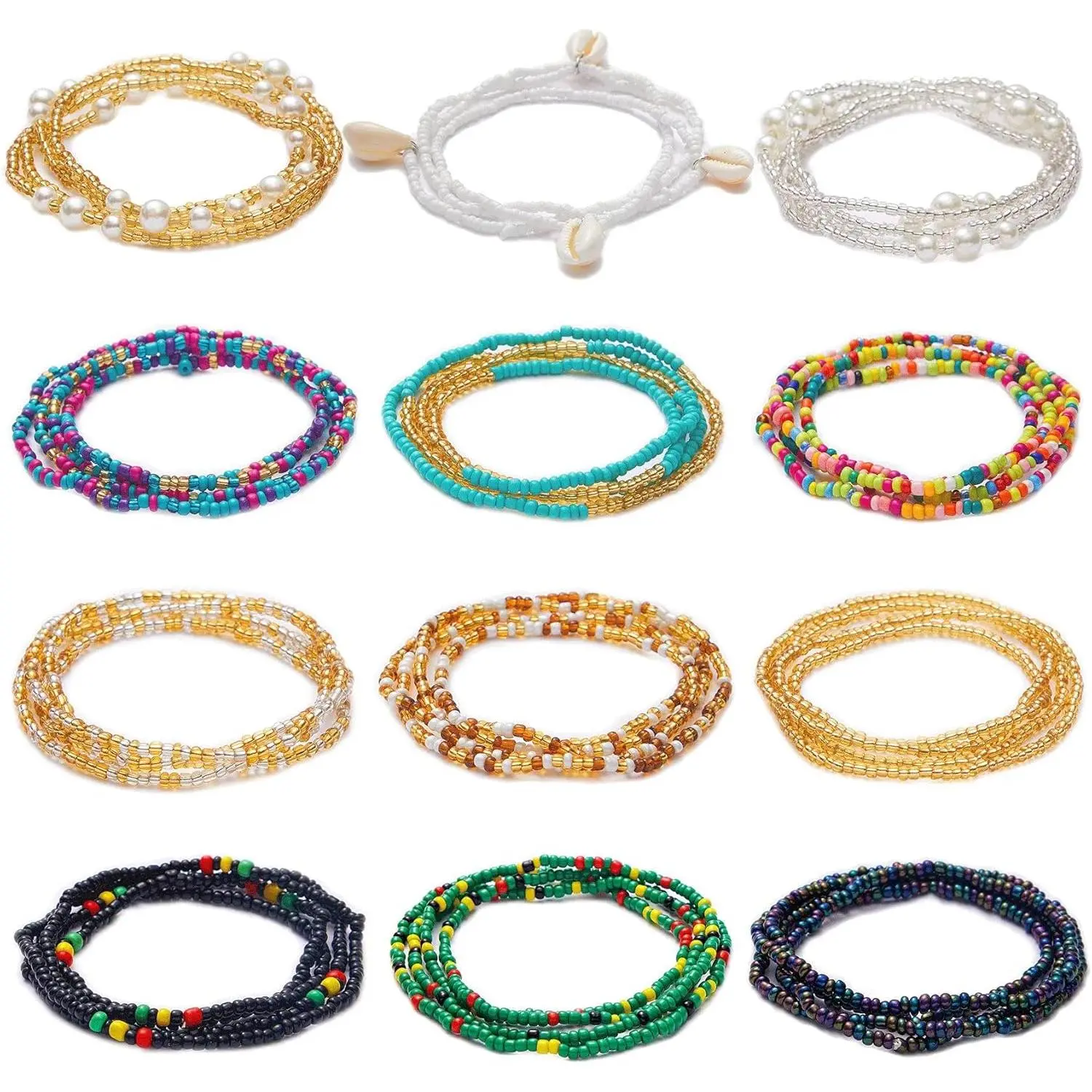 Women's Handmade African Waistbeads - 12PCS Elastic Band Body Chains, 24-70 In, 31.5 In, 60 In Plus Size Female Beach Bikini Belly Jewelry