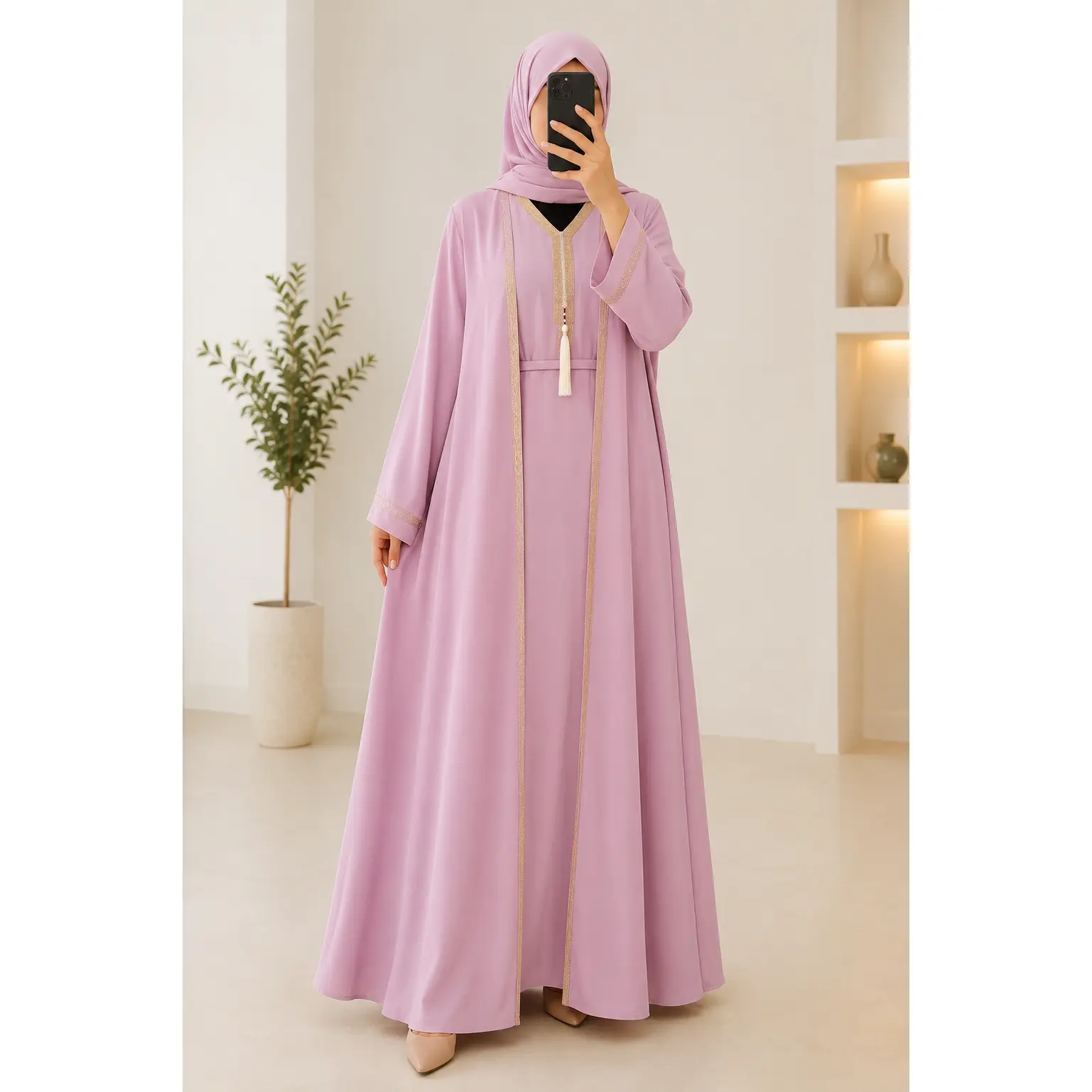 Elegant Dusty Pink Open Abaya Inner Dress & Matching Hijab Size 58 for Women campingessentials