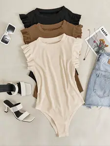 Women's Solid Butterfly Sleeve Button Closure Crotch Bodysuit, Casual Cap Sleeve Round Neck Bodysuit for Summer, Ladies Clothes for Daily Wear