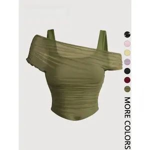 Women's Asymmetric Neckline Ruched Crop Top, Trendy Womenswear Mesh Top for Club, Date Night & Vacation