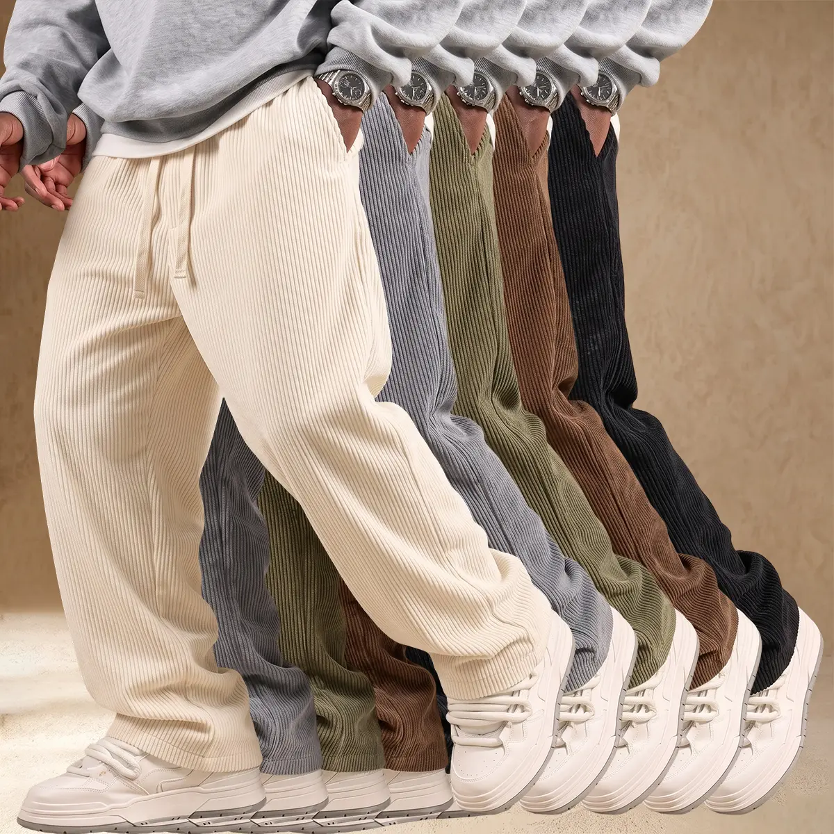 JOGWAVE Men's Corduroy Long Pants - Plain Look, Repro Safe, Elastic Waistband with Drawstring, High-End Stylish Trousers for Spring & Autumn, Suitable for Office, Casual Wear, Gift Option, No Random Sizing, Solid