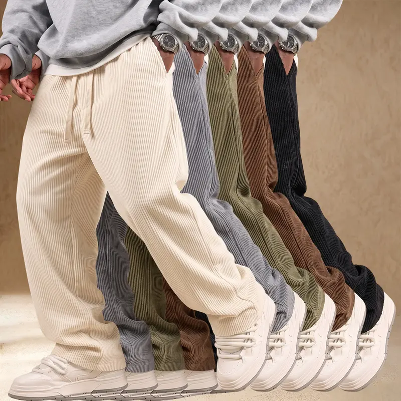 JOGWAVE Menswear Solid Corduroy Textured Fabric Long Pants - Regular Fit, Elastic Waistband with Adjustable Drawstring, Repro Safe, High-End Style, All Seasons, Office & Casual Wear, Khaki Gray Green Brown Black, Standard Size, Gift Option
